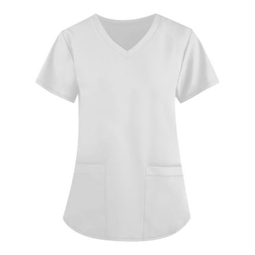 JULMCOMO White Scrub Tops Women Clearance Soft Basic Color Pattern Short Sleeve Scrubs Shirt Dressy V-Neck Nursing Top Oversized Workwear Tee with Pocket White 2XL