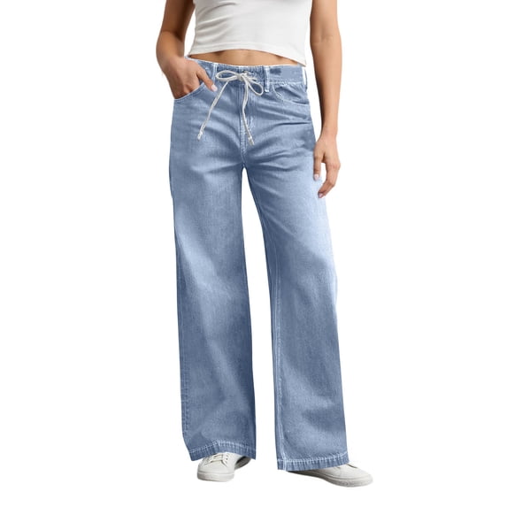 JULMCOMO Wide Leg Jeans for Women High Waist Drawstring Vintage Baggy Jeans Straight Leg Casual Denim Palazzo Pants with Pockets Sky Blue M