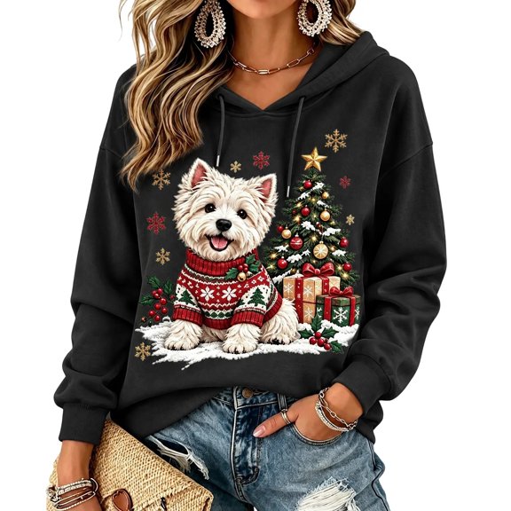 JULMCOMO Women Christmas Hoodie Westie Dog Christmas Tree Snowflake Graphic Print Long Sleeve Drawstring Pullover Holiday Fall Winter Hooded Tops Black M