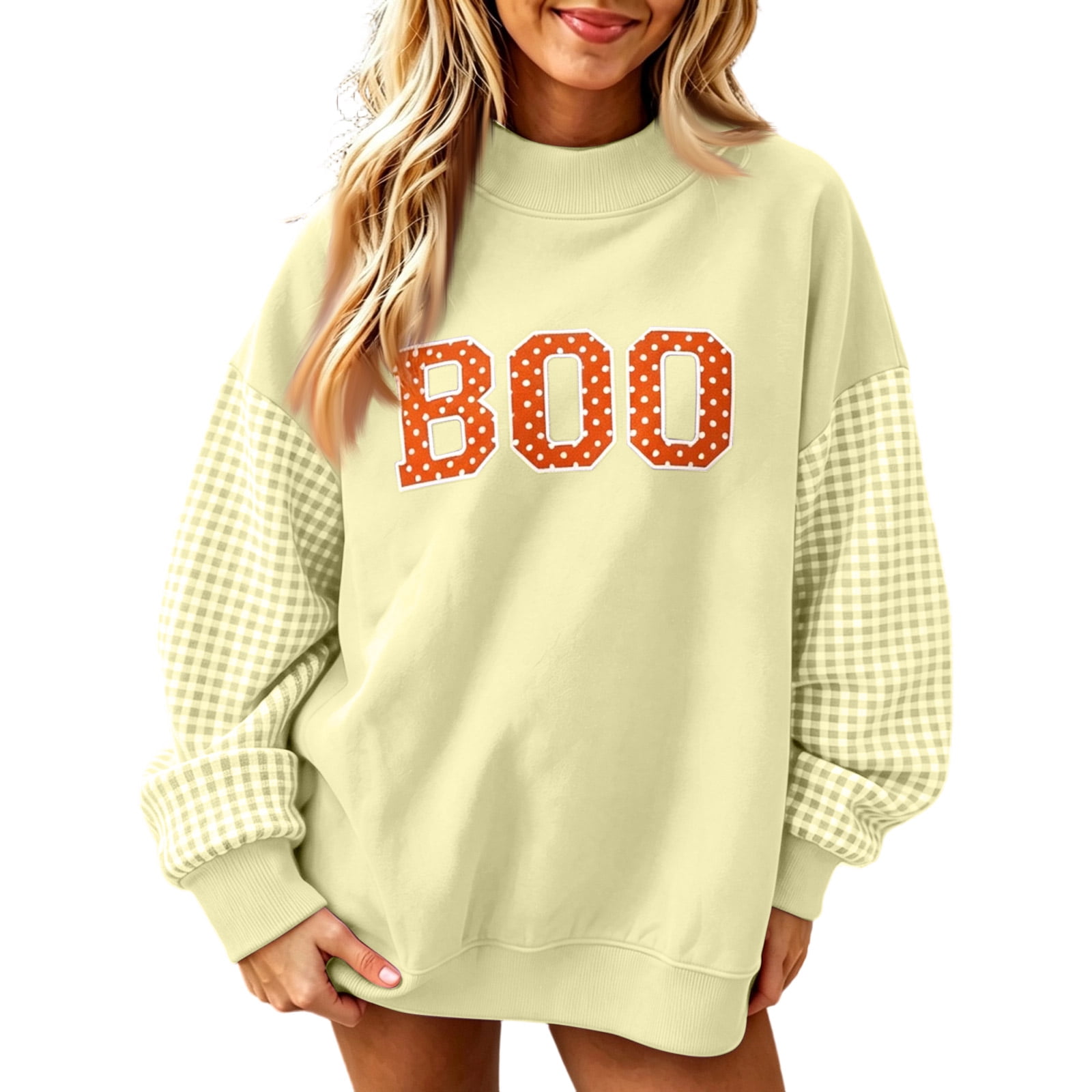 JULMCOMO Women Halloween BOO Letter Print Crew Neck Sweatshirt Gingham ...