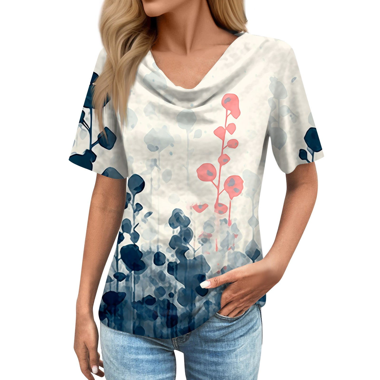 Women Shirts Cowl Neck Short Sleeve Cute T Shirts Loose