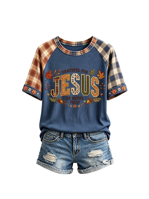 Women Tops Maple Leaf Acorn Print Crew Neck Plaid Sleeve Casual Tshirts Grateful For Jesus He Never Fails Soft Faith Graphic Tees Blue 2XL