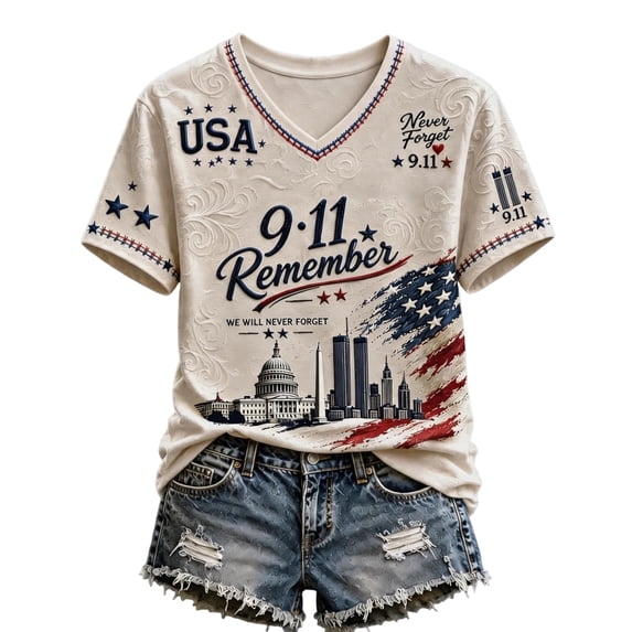 JULMCOMO Women's 9,11 Remember 25th Anniversary T Shirts We Will Never Forget V Neck USA Patriotic Tops Red White Blue Vintage Graphic Tees Khaki 3XL