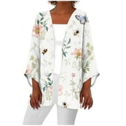 JULMCOMO Women's Cardigan Casual Boho Open Front Cardigan 3/4 Length Sleeve Kimonos Floral Print Blouse Tops