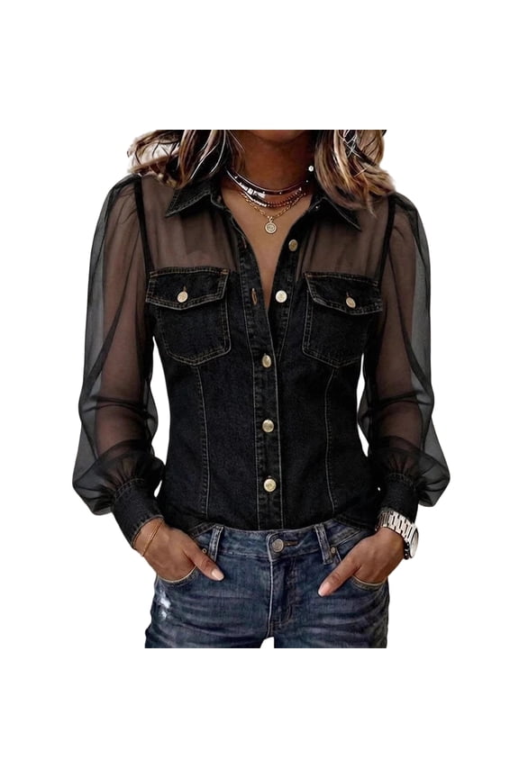 Women's Denim Shirt Mesh Sheer Puff Long Sleeve Collared Button Down Shirts Spliced Slim Fit Casual Western Denim Top Black L