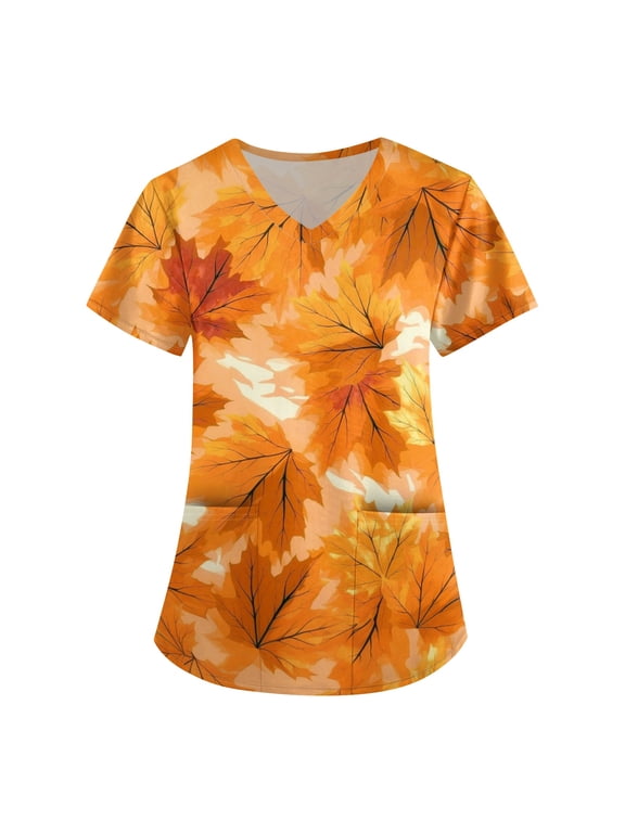 Women's Fall Maple Leaf Print Scrub Tops V Neck Short Sleeve Loose Fit Nursing Uniform with Pockets Thanksgiving Autumn Medical Workwear for Nurse Caregiver Ginger M