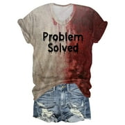 JULMCOMO Women's Halloween Shirt Problem Solved Bloody Shirts Plus Size Short Sleeve Horror Shirt Funny Crew Neck T Shirts Bloody Graphic Tee L