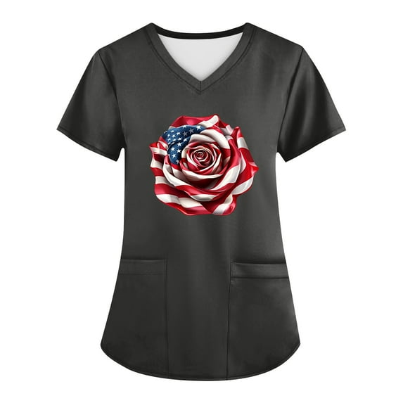 JULMCOMO Women's Independence Day Scrub Tops Cute American Flag Print Short Sleeve V Neck Shirts Anti Wrinkle Nursing Uniform Tops with Pockets Mint Green