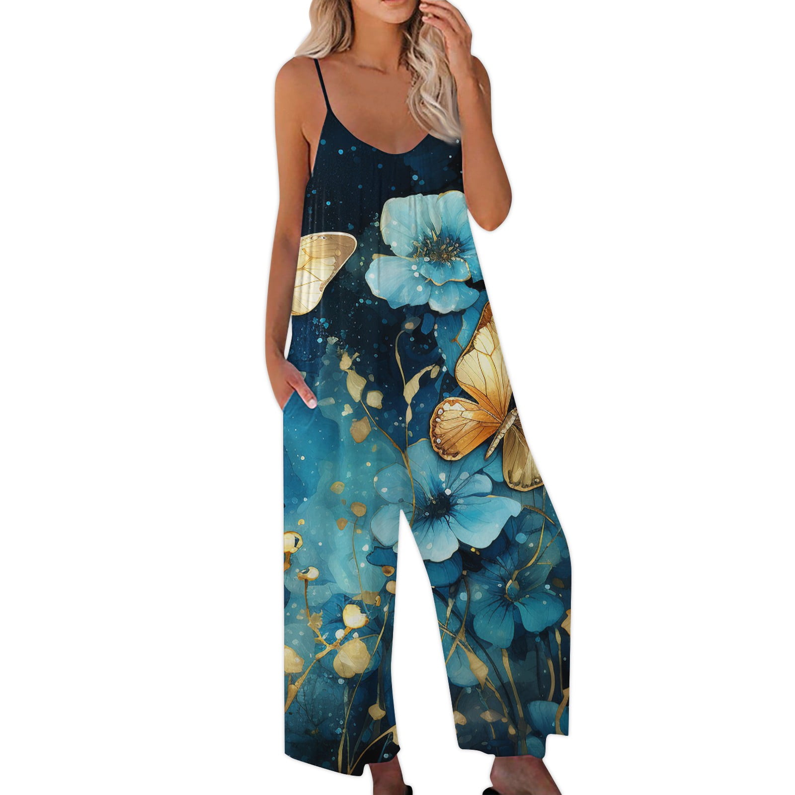 JULMCOMO Women s One Piece Bib Overalls Dressy Casual Linen Rompers Scoop Neck Sleeveless Harem Long Pants Spaghetti Strap Floral Print Strappy Jumpsuits Pants with Pockets Walmart