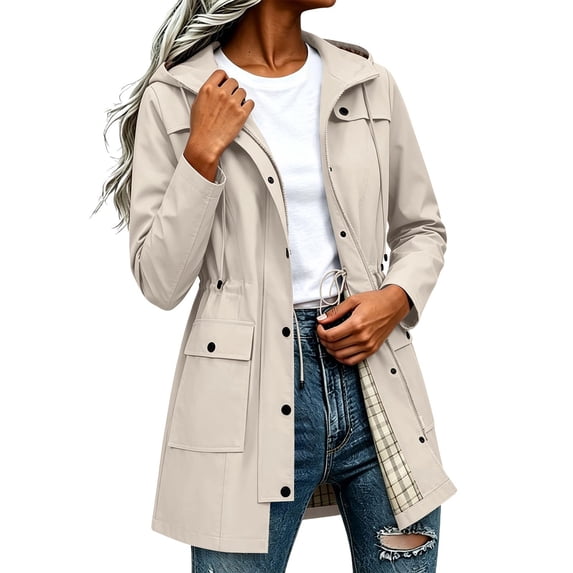 JULMCOMO Women's Rain Jacket Waterproof Drawstring Waist Hooded Rain Trench Coat Cargo Jacket Outdoor Windbreaker with Snap Pockets Khaki L