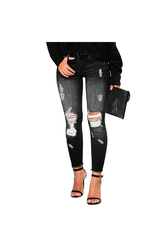 Women's Ripped Skinny Jeans Distressed Stretchy Denim Pants Black L