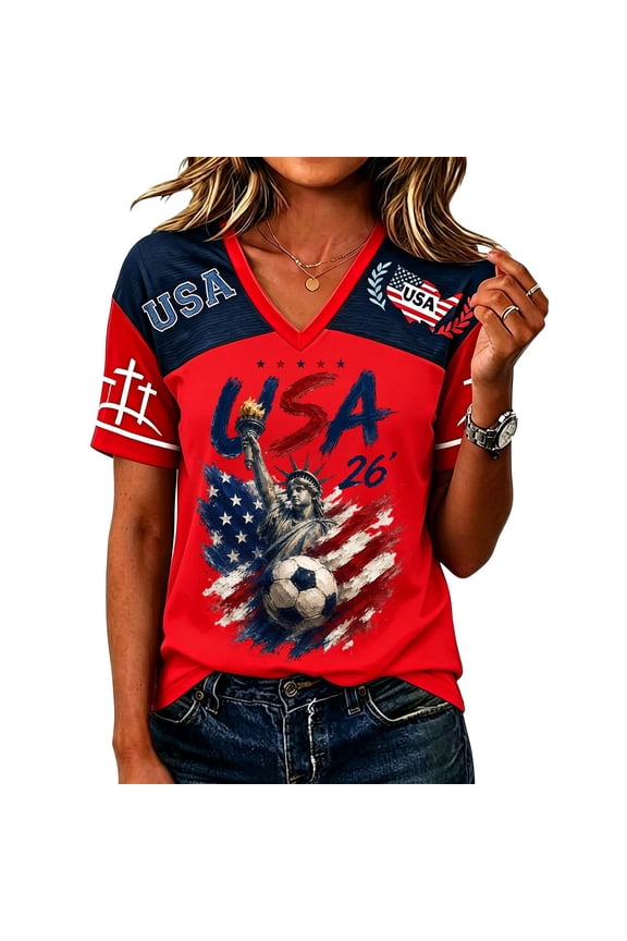 Women's Summer Tops 2026 Soccer Cup V Neck American Flag USA Soccer Jersey Short Sleeve Fan Wear Football Graphic Tees Red M