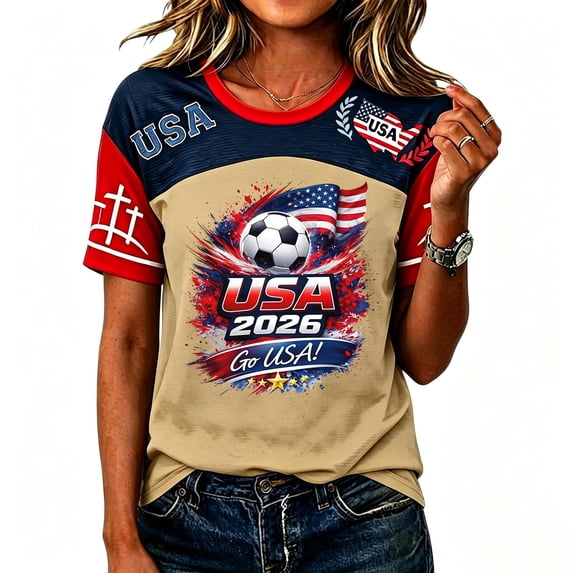 JULMCOMO Women's Summer Tops 2026 Soccer Cup V Neck Short Sleeve Fan Wear USA Soccer Jersey American Flag Football Graphic Tees 03-Khaki S