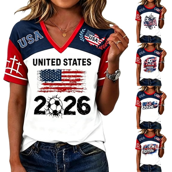 JULMCOMO Women's Summer Tops 2026 Soccer Cup V Neck Short Sleeve Fan Wear USA Soccer Jersey American Flag Football Graphic Tees White M