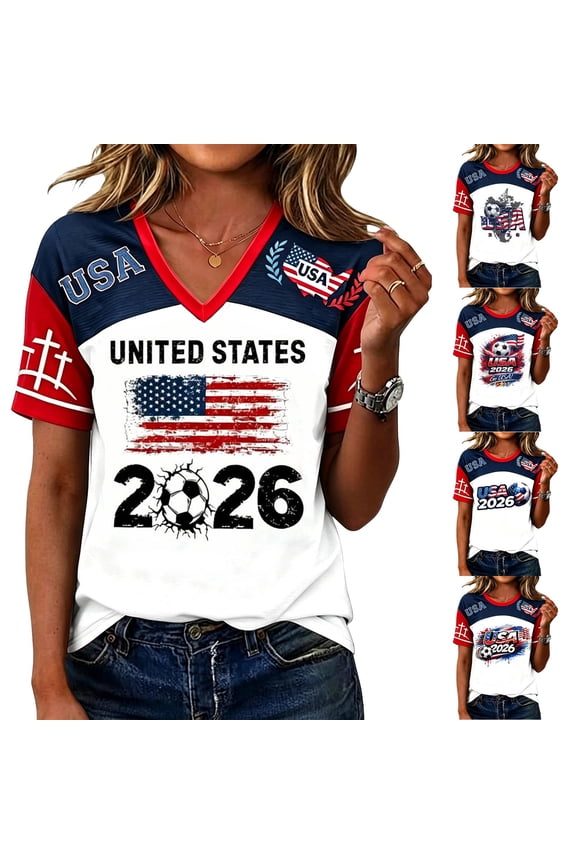 Women's Summer Tops 2026 Soccer Cup V Neck Short Sleeve Fan Wear USA Soccer Jersey American Flag Football Graphic Tees White M