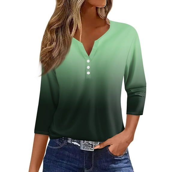 JULMCOMO Women's Summer Tops Casual Trendy Shirt Gradient Print Button Down V-Neck Fashion Tshirts 3/4 Sleeve Tops Tunic