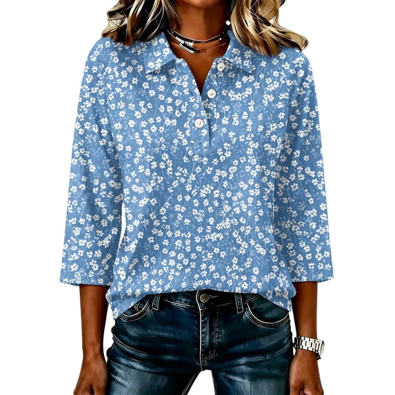 JULMCOMO Women's Summer Tops Floral Print Collared Button 3/4 Sleeve Loose Fit Trendy Golf Shirts Summer Daily Graphic Tees Light Blue S