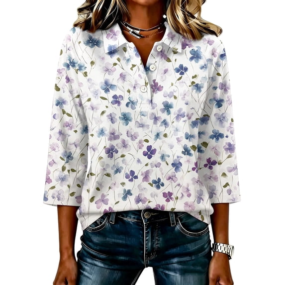 JULMCOMO Women's Summer Tops Floral Print Collared Button 3/4 Sleeve Loose Fit Trendy Golf Shirts Summer Daily Graphic Tees Purple Pink XL