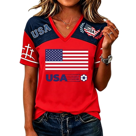 JULMCOMO Women's Summer Tops Soccer Cup 2026 V Neck Short Sleeve USA Soccer Jersey American Flag Fan Wear Football T Shirts Red S