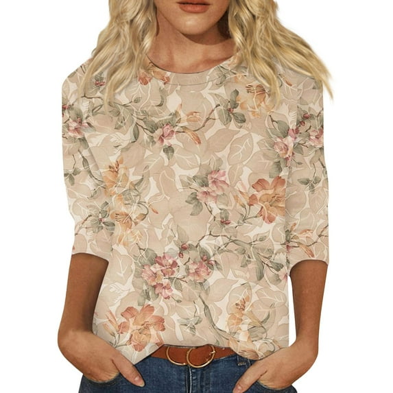JULMCOMO Womens 3/4 Sleeve Tops Dressy Casual Crew Neck T Shirts Summer Floral Print Elbow Length Shirts Western Loose Pullover Camel L