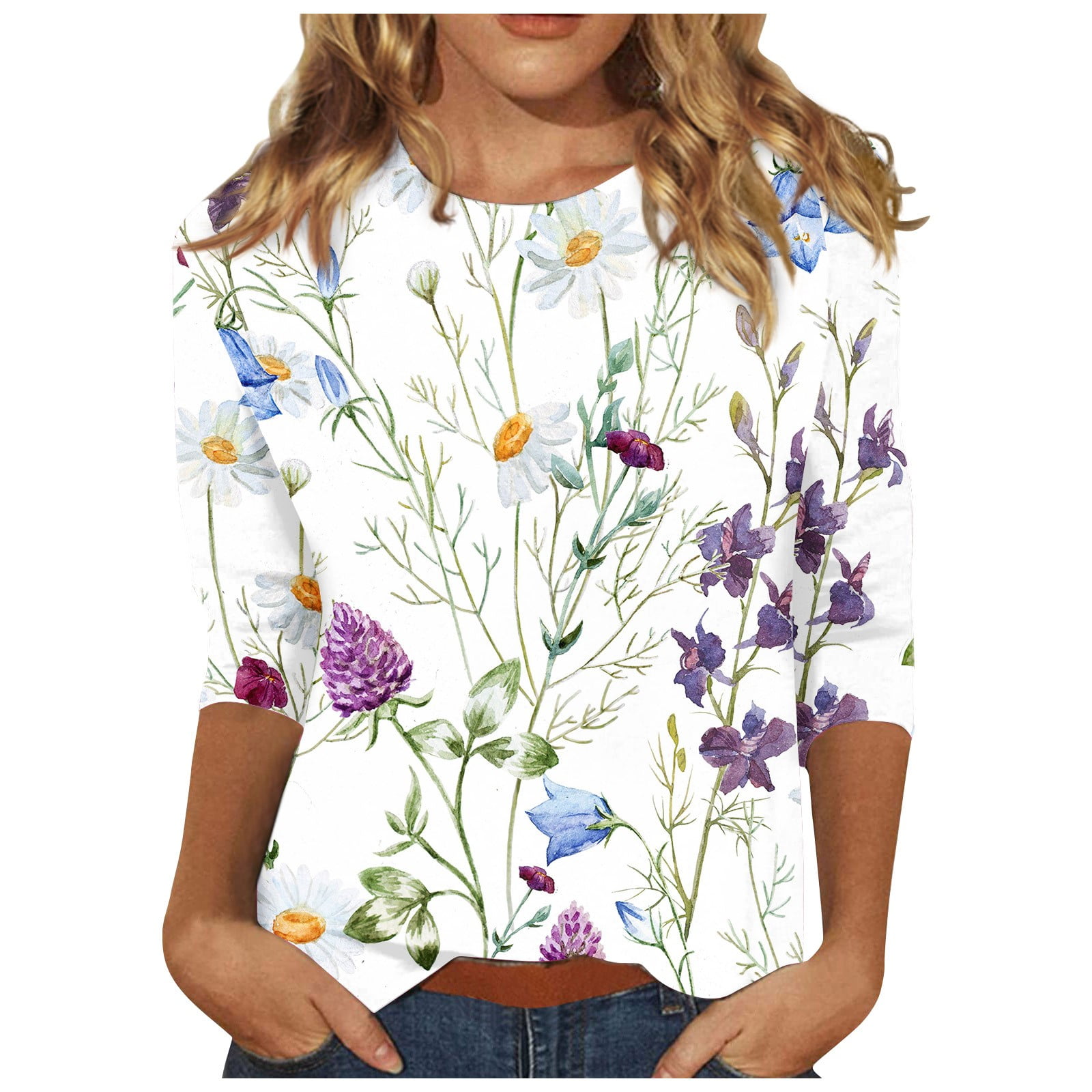 Womens 3/4 Sleeve Tops Dressy Casual Round Neck T Shirts