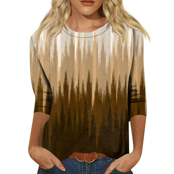 JULMCOMO Womens 3/4 Sleeve Tops Trendy Summer Crew Neck T Shirts Summer Floral Print Half Sleeve Tshirts Business Casual Loose Fit Tunics Brown 5XL