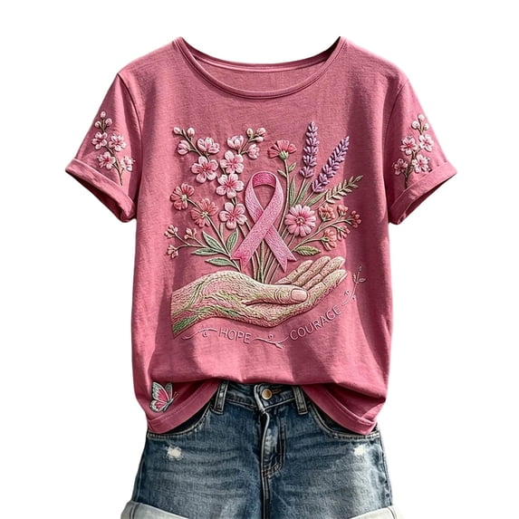 JULMCOMO Womens Breast Cancer Awareness Shirts Crew Neck Pink Floral Print Breast Cancer Shirts Short Sleeve Casual Soft Graphic Tees Hot Pink 2XL