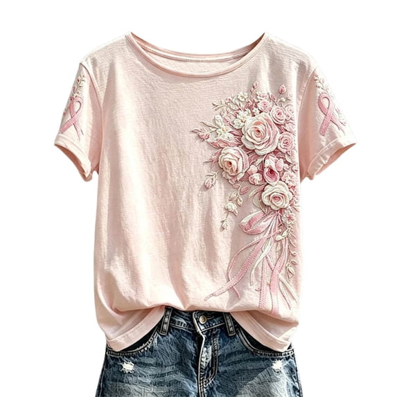 JULMCOMO Womens Breast Cancer Awareness Shirts Crew Neck Pink Floral Print Breast Cancer Shirts Short Sleeve Casual Soft Graphic Tees Light pink L