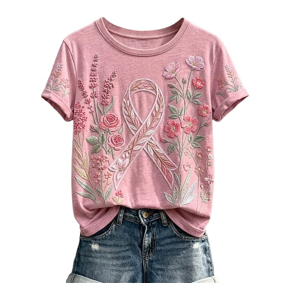 JULMCOMO Womens Breast Cancer Awareness Shirts Crew Neck Pink Floral Print Breast Cancer Shirts Short Sleeve Casual Soft Graphic Tees Watermelon Red S