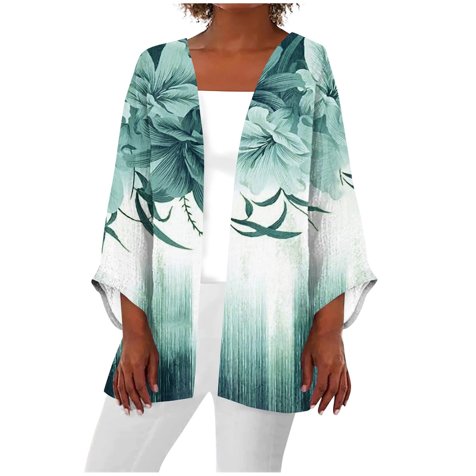 Women's Floral Kimono Cover Up – 3/4 Sleeve Open Front Maxi Cardigan With Belt, Beach & Lounge Wear - View #3