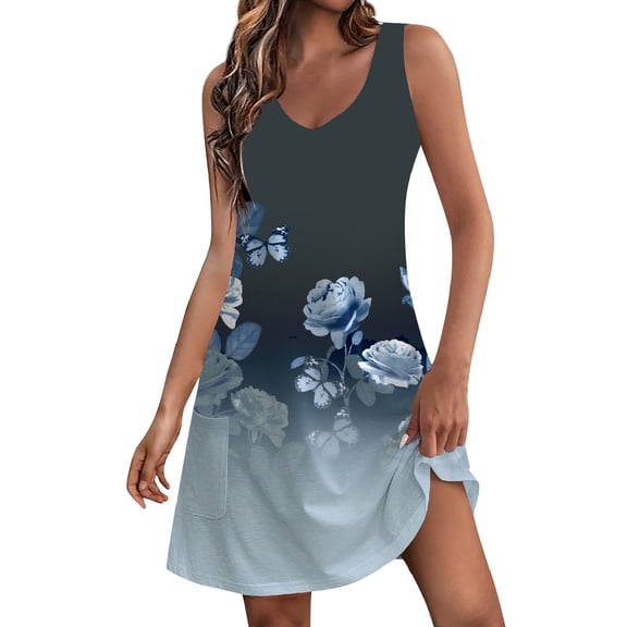 JULMCOMO Womens Cute Summer Dresses Vacation Beach Beach Cover Ups Sleeveless Casual Dress Plus Size Loose Tank Dresses Dark Blue 2XL