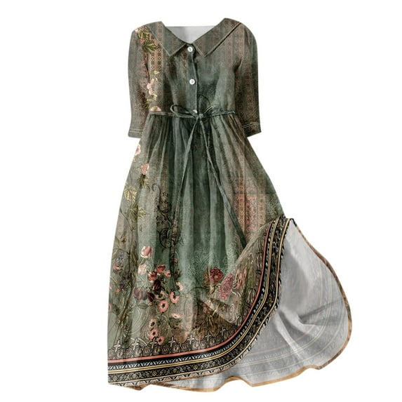 JULMCOMO Womens Dresses 2024 Lapel Collar Button Tie Waist Boho Dress Dressy Floral Print 3/4 Sleeve Midi Dresses Casual Summer A-Line Flowy Wedding Guest Dress