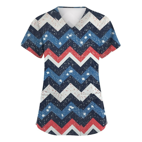 JULMCOMO Womens Independence Day Shirts 2024 Short Sleeve V Neck American Flag Print Shirt Stretchy Soft Trendy Blouses Cute Scrub Tops White