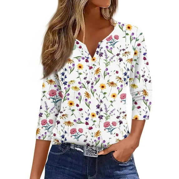 JULMCOMO Womens Plus Size Tops Button Decor V-Neck Shirt 3/4 Sleeve Summer Tshirts Floral Print Cute Fashion Tunic Tops