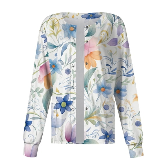 JULMCOMO Womens Scrub Jacket Plus Size Nurse Jacket Floral Print Long Sleeve Scrub Tops Button up Working Nurses Uniform Green XL