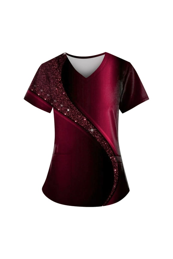 Womens Scrubs Clearance Professional Star Graphic Short Sleeve Scrubs Shirt Basic V Neck Nursing Top Oversized Workwear with Pockets Deep Red 4XL