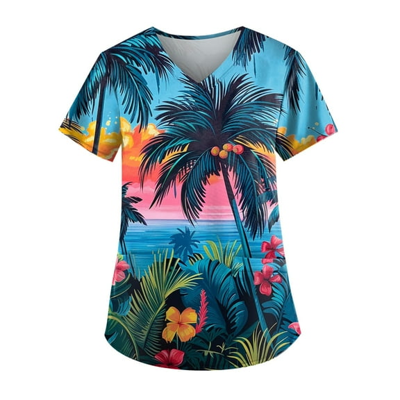 JULMCOMO Womens Scrubs Clearance Soft Tropical Floral Graphic Short Sleeve Scrub Shirts Basic V-Neck Nursing Top Medical Workwear with Side Pockets Hot Pink 3XL
