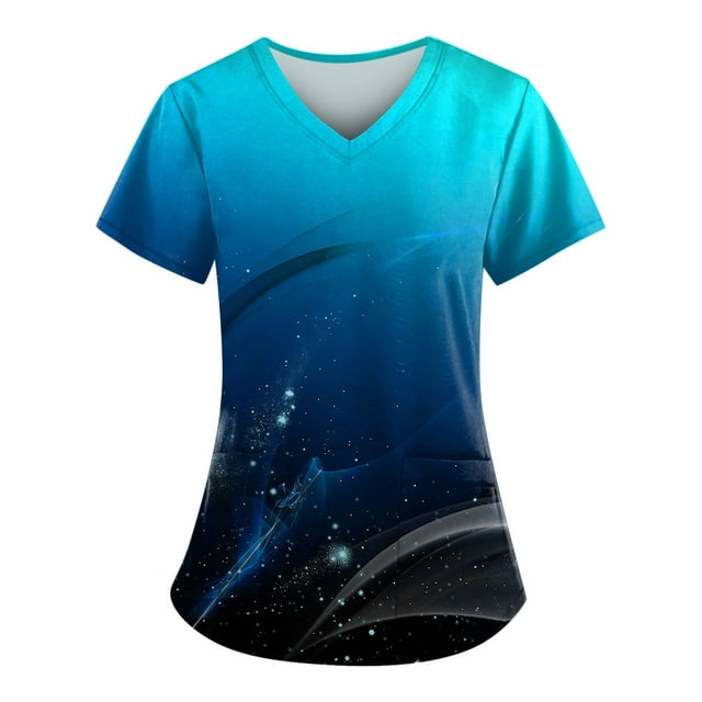 Womens Scrubs Tops Clearance Gifts Star Pattern Short Sleeve