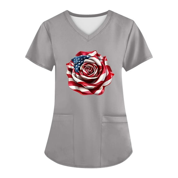 JULMCOMO Womens Scrubs_Tops,Print Nurse Uniforms for Women American Flag Stars Stripes Patterned Short Sleeve V-Neck Medical Scrubs Shirts Tee Tops with Pockets White