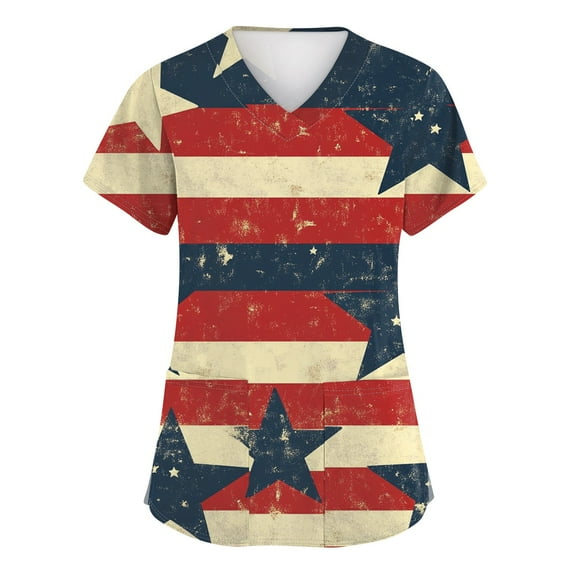 JULMCOMO Womens Scrubs_Tops,Print Nurse Uniforms for Women American Flag Stars Stripes Patterned Short Sleeve V-Neck Medical Scrubs Shirts Tee Tops with Pockets White