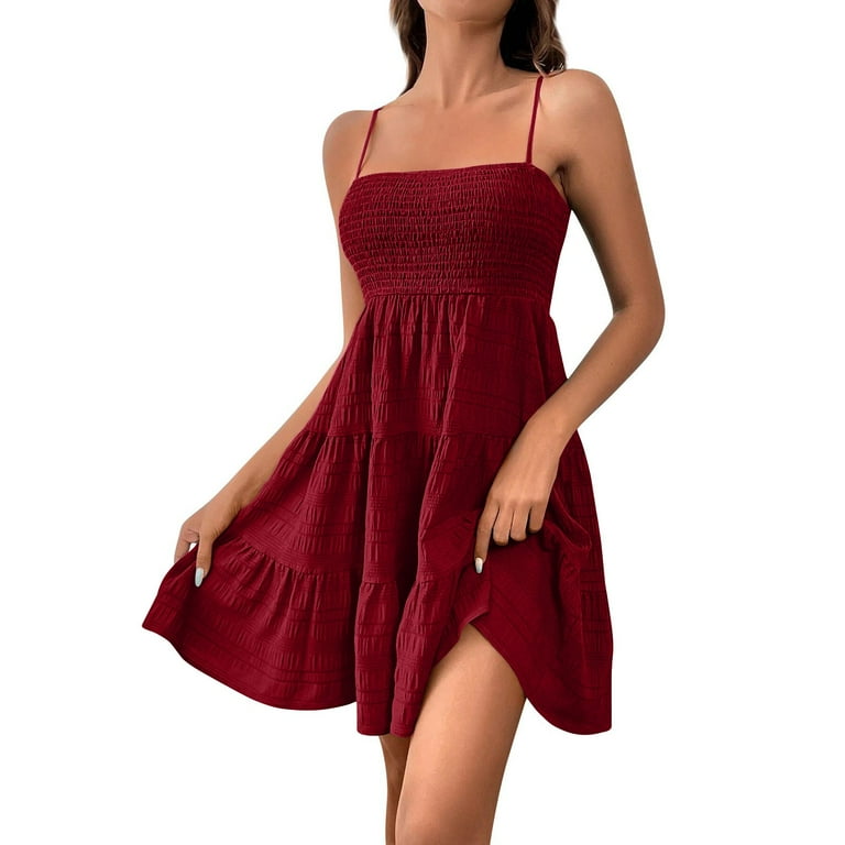 JULMCOMO Womens Spring Dresses Flowy Boho Adjustable Sun Dress Smocked  Ruffle Sleeveless Square Neck Short Mini Dress Wine XXL