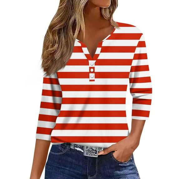 JULMCOMO Womens Summer Tops 2024 Casual Dressy Tops Gradient Print Button Decor V-Neck Fashion T-Shirts 3/4 Sleeve Tops Tunic