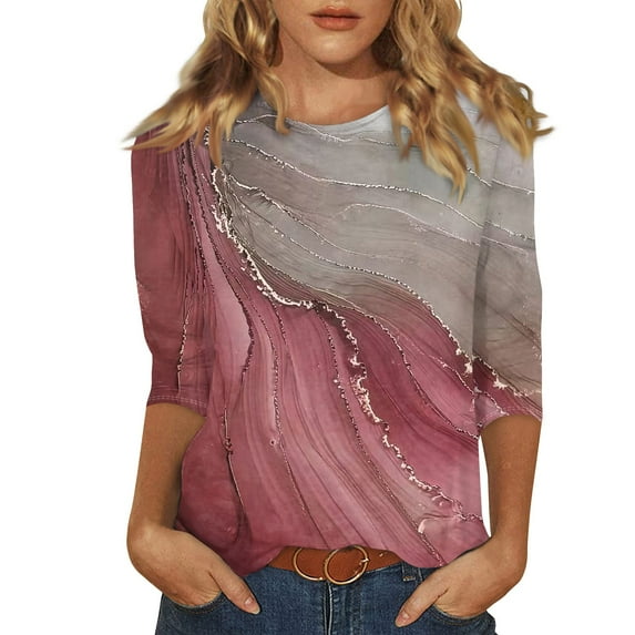 JULMCOMO Womens Summer Tops 3/4 Sleeve Summer Round Neck T Shirts Boho Half Sleeve Striped Print Tshirts Loose Fit Trendy Summer Blouse Red 2XL