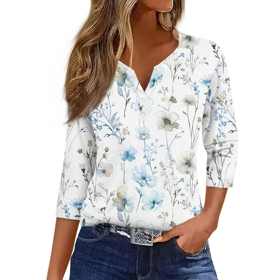 JULMCOMO Womens Summer Tops Button Decor V-Neck Tops 3/4 Sleeve Fashion Tshirts Floral Print Dressy Casual Tunic Tops
