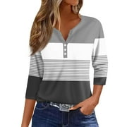 JULMCOMO Womens Summer Tops Casual Trendy Blouses Striped Print Button Up V Neck Fashion Tshirts 3/4 Sleeve Tops Tunic
