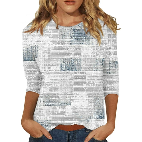 JULMCOMO Womens Tops 3/4 Length Sleeve Summer Round Neck T Shirts Casual Comfy Elbow Length Floral Print Tops Loose Fit Dressy Casual Clothes Light Gray XL