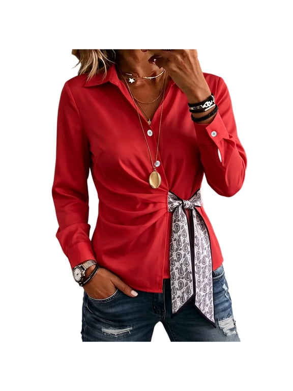 Womens Tops Button Collared Long Sleeve Casual Office Work Blouses Paisley Scarf Tie Waist Ruched Fitted Business Elegant Tops Red S