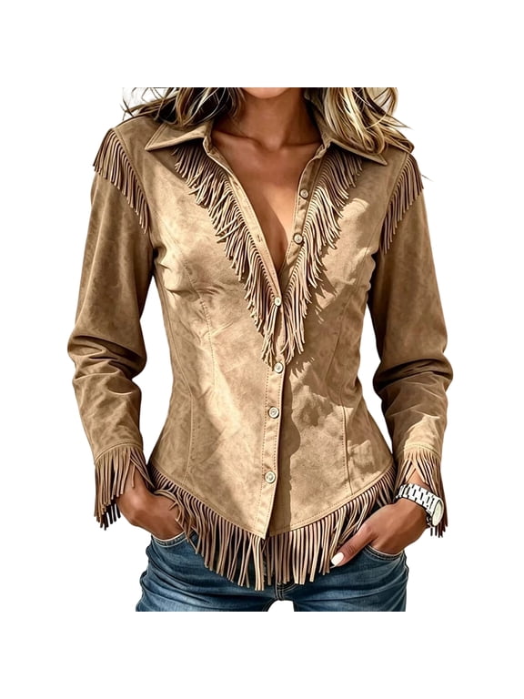 Womens Tops Faux Suede Fringe Trim Collared Button Down Western Slim Fit Tops Vintage Country Cowgirl Blouses Light Brown L