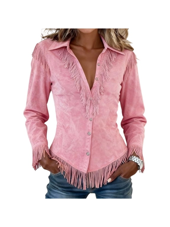Womens Tops Faux Suede Fringe Trim Collared Button Down Western Slim Fit Tops Vintage Country Cowgirl Blouses Pink S
