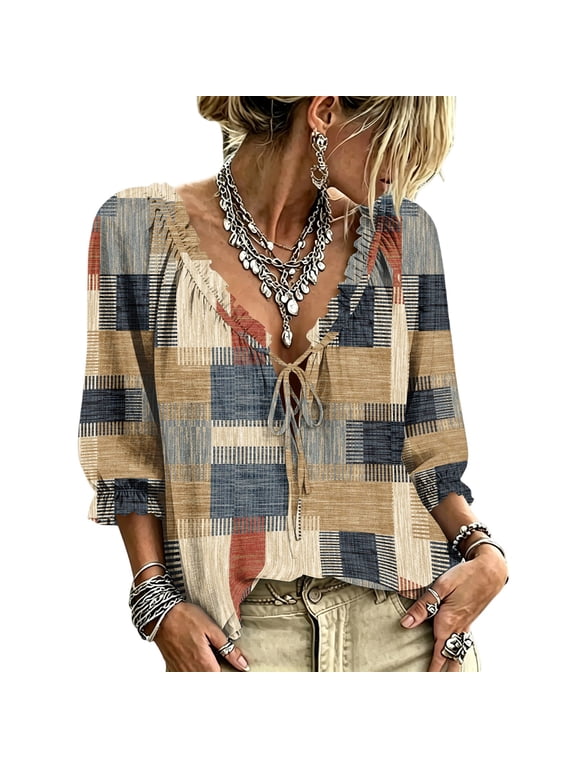 Womens Tops Plaid Patchwork Deep V Neck Ruffle Trim Tie Front Comfy Soft Blouses 3/4 Puff Sleeve Boho Loose Casual Shirts Camel M